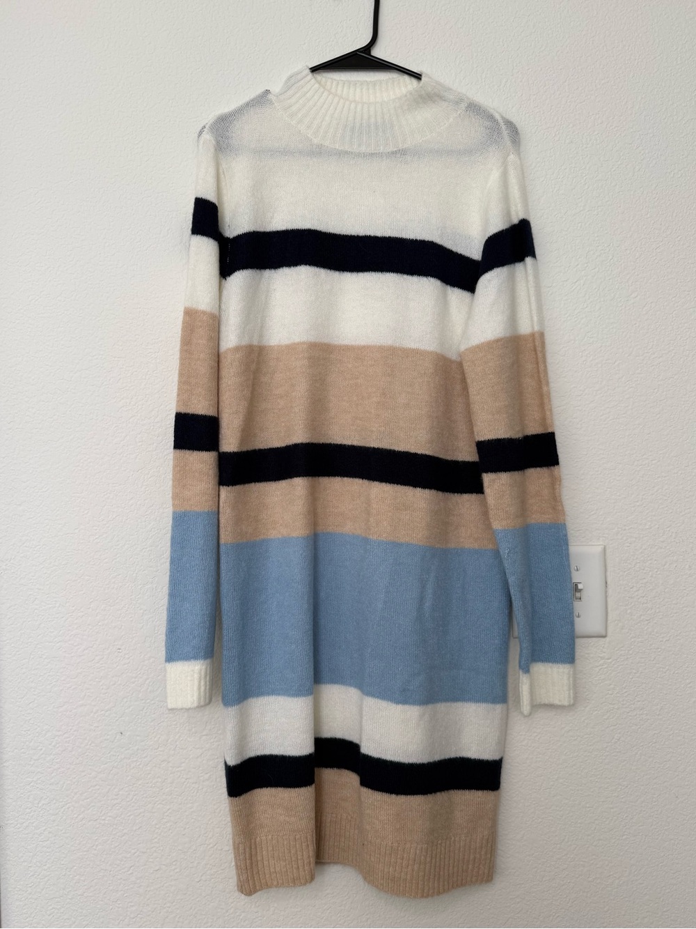 Striped Long-Sleeve Sweater Dress in Cream, Tan, Black & Light Blue